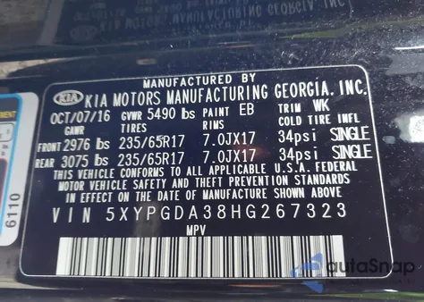 2017 Kia Sorento 2.4L Lx from USA, damaged, VIN 5XYPGDA38HG267323